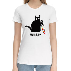 Женская хлопковая футболка с принтом Кот с ножом в Петрозаводске,  |  | 
