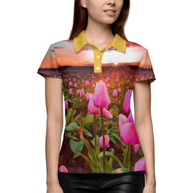 Женская рубашка поло 3D с принтом Розовые тюльпаны в Екатеринбурге,  |  | 