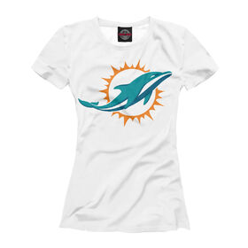 Женская футболка 3D с принтом Miami Dolphins - Майами Долфинс , Выбор из трех типов ткани | <ul> <li>Обычная ткань — интерлок, спортивный трикотаж. Плотность 140 г/м.кв. Состав: 100% полиэстер</li> <li>Премиум ткань — джерси, мягкий трикотаж. Плотность 180 г/м.кв. Состав: 97% полиэстер, 3% эластан</li> <li>Люкс ткань — кулирка, наиболее плотная и долговечня ткань. Плотность 210 г/м.кв. Состав: 97% полиэстер, 3% эластан</li> </ul> | 