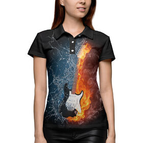 Женская рубашка поло 3D с принтом Гитара в огне и воде в Екатеринбурге,  |  | Тематика изображения на принте: 