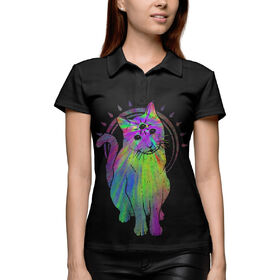 Женская рубашка поло 3D с принтом Кот Психоделический ,  |  | Тематика изображения на принте: 