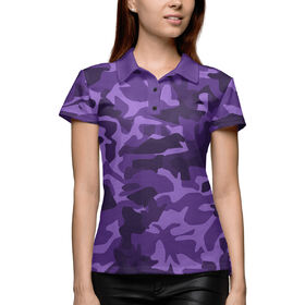 Женская рубашка поло 3D с принтом Фиолетовый камуфляж в Новосибирске,  |  | 
