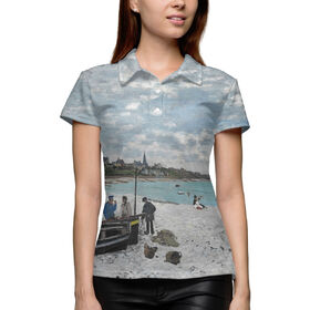 Женская рубашка поло 3D с принтом Пляж в Сен-Адрессе ,  |  | Тематика изображения на принте: 