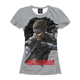 Женская футболка 3D с принтом Metal Gear в Тюмени, Выбор из трех типов ткани | <ul> <li>Обычная ткань — интерлок, спортивный трикотаж. Плотность 140 г/м.кв. Состав: 100% полиэстер</li> <li>Премиум ткань — джерси, мягкий трикотаж. Плотность 180 г/м.кв. Состав: 97% полиэстер, 3% эластан</li> <li>Люкс ткань — кулирка, наиболее плотная и долговечня ткань. Плотность 210 г/м.кв. Состав: 97% полиэстер, 3% эластан</li> </ul> | 