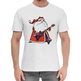 Мужская хлопковая футболка с принтом Дед Мороз гитарист в Курске,  |  | 