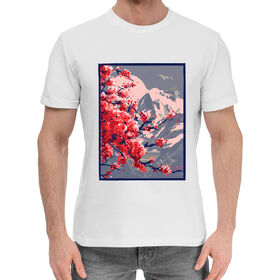 Мужская хлопковая футболка с принтом Горный пейзаж Сакура в Кировске,  |  | 