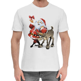 Мужская хлопковая футболка с принтом Дед Мороз и олень в Курске,  |  | 